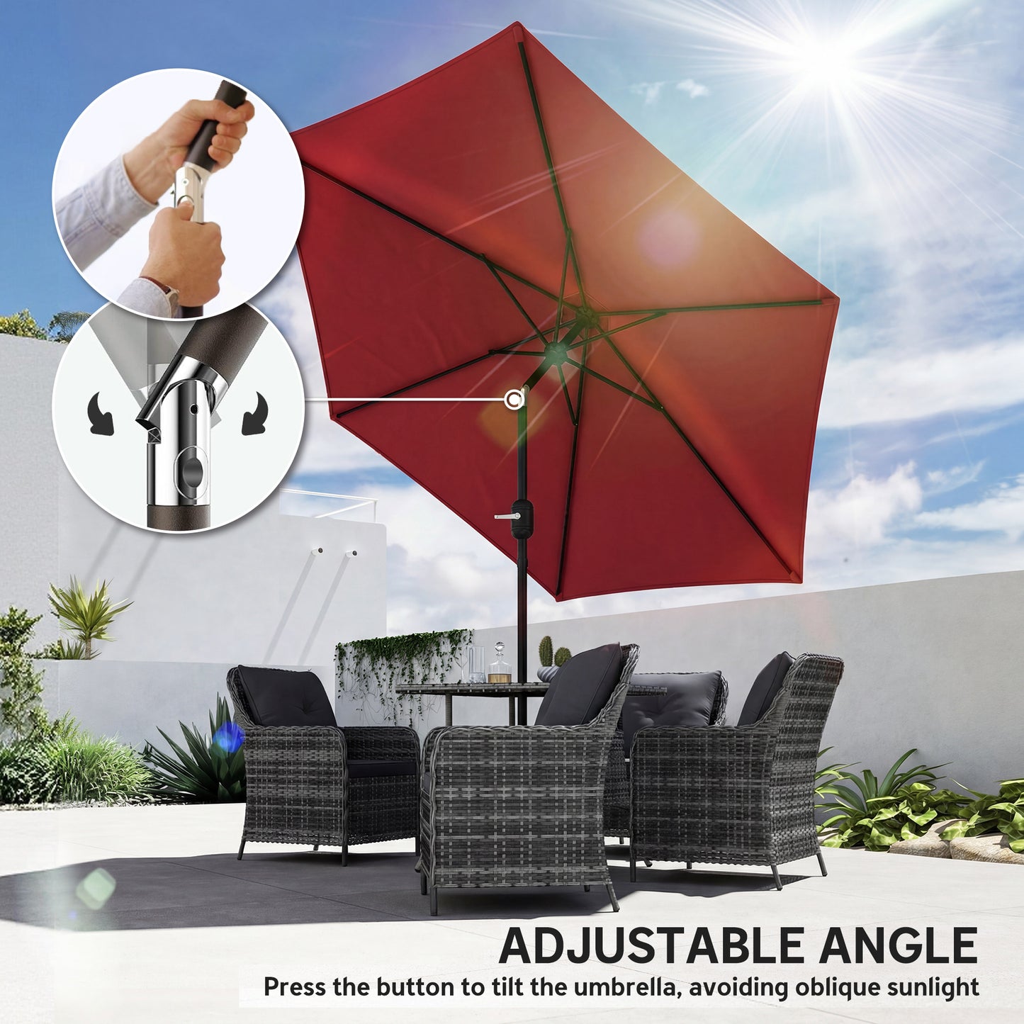 2.6 m Garden Parasol Umbrella with Aluminium Pole, Outdoor Patio Umbrella with Tilt and Crank, Vent, Wine Red