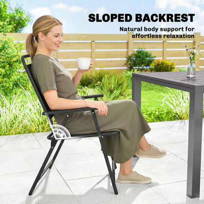 Folding Garden Chairs, Garden Dining Chairs with Plastic Slatted Seat Back, Armrests, Steel Frame, Set of 4, Black