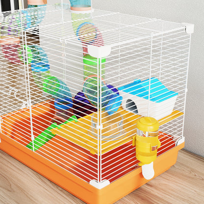 2 Tier Hamster Cage, Gerbil Cage with Handle, Exercise Wheels, Tunnel, Water Bottle, Dishes, Ladder, for Dwarf