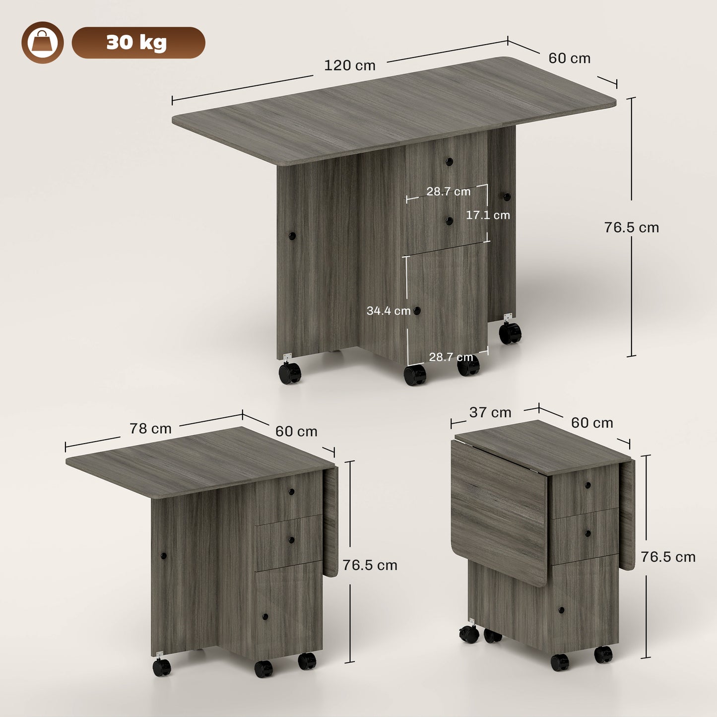 Multi-Storage Six-Person Drop Leaf Dining Table - Grey