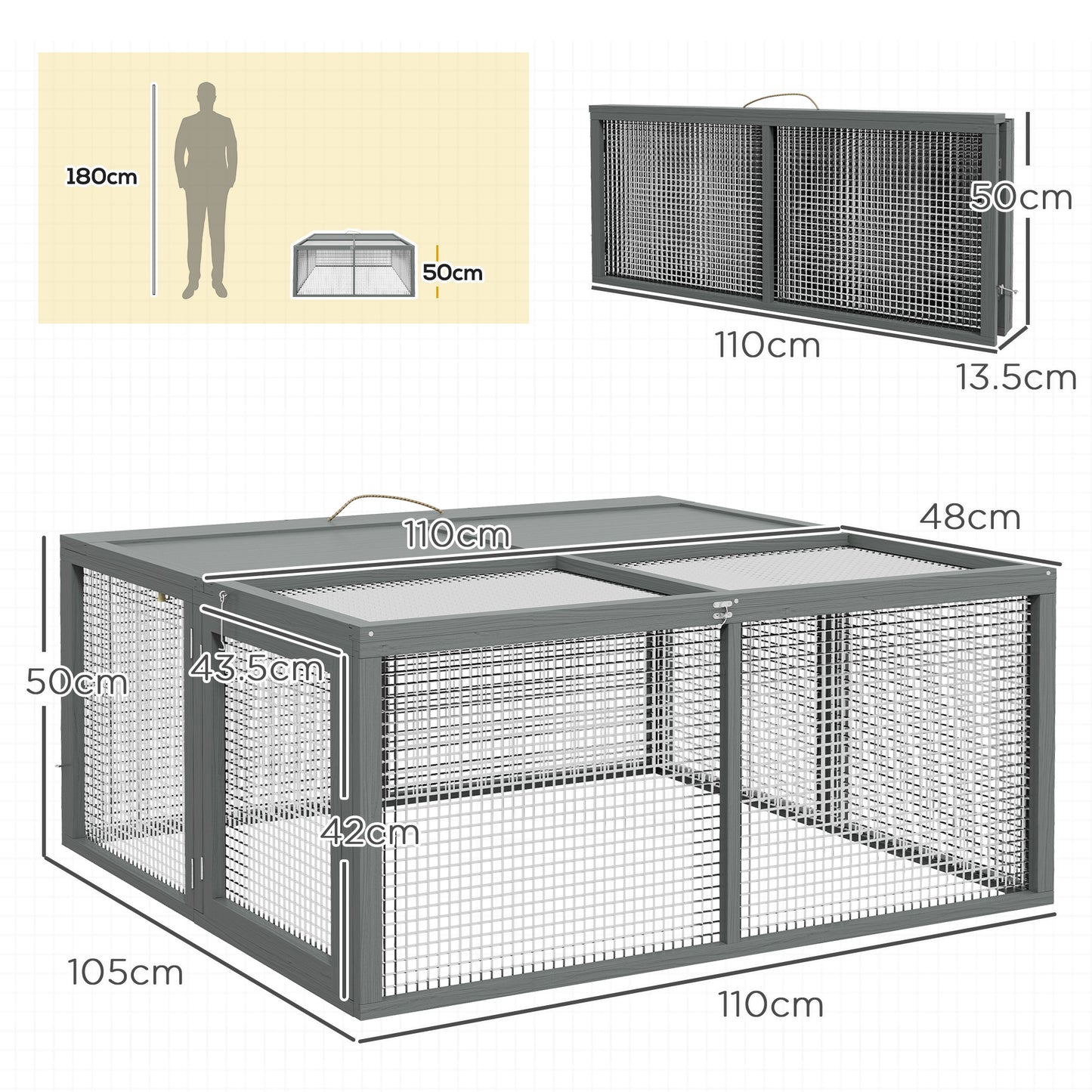 Wooden Folding Rabbit Hutch, for 2-3 Rabbits - Grey