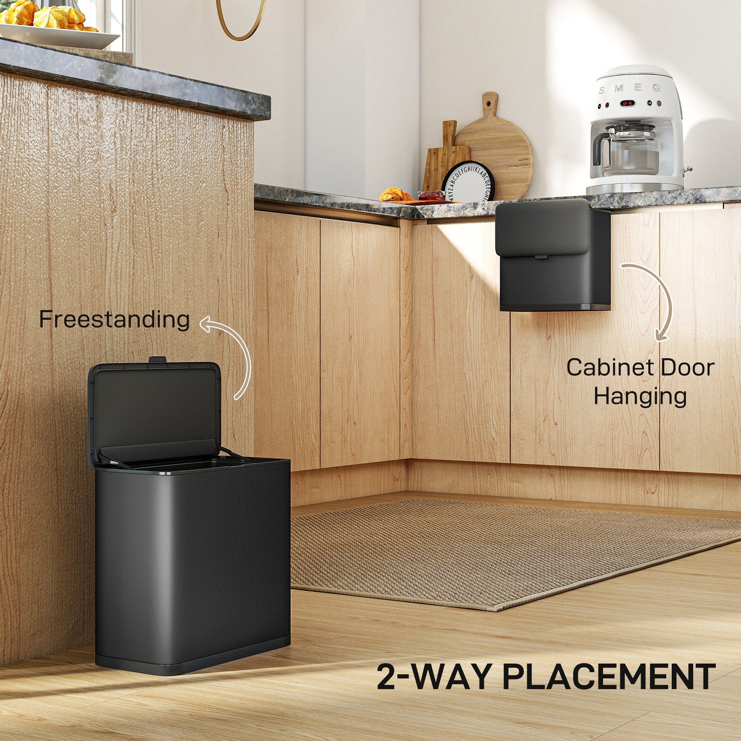 8L Hanging Kitchen Bin, Rubbish bin with Lid and Removable Inner Bucket for Kitchen Cabinet Door, Under Sink, Office