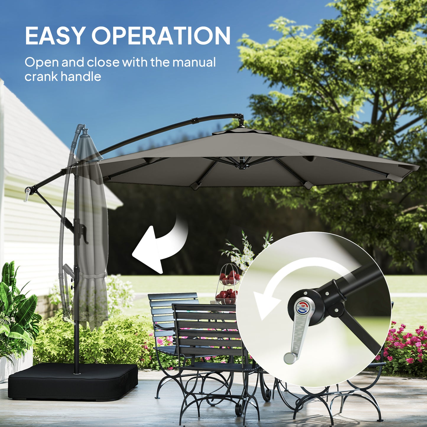 3 m Garden Cantilever Parasol with Cross Base, Sandbag, 360° Rotating Overhanging Banana Umbrella, Grey