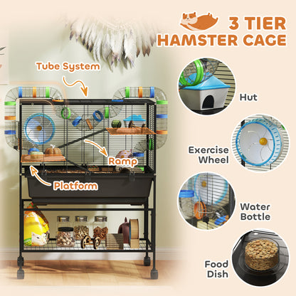 3 Tier Large Hamster Cage on Wheels with 17 cm Deep Tray, Storage Shelf for Syrian, Gerbil, Rats