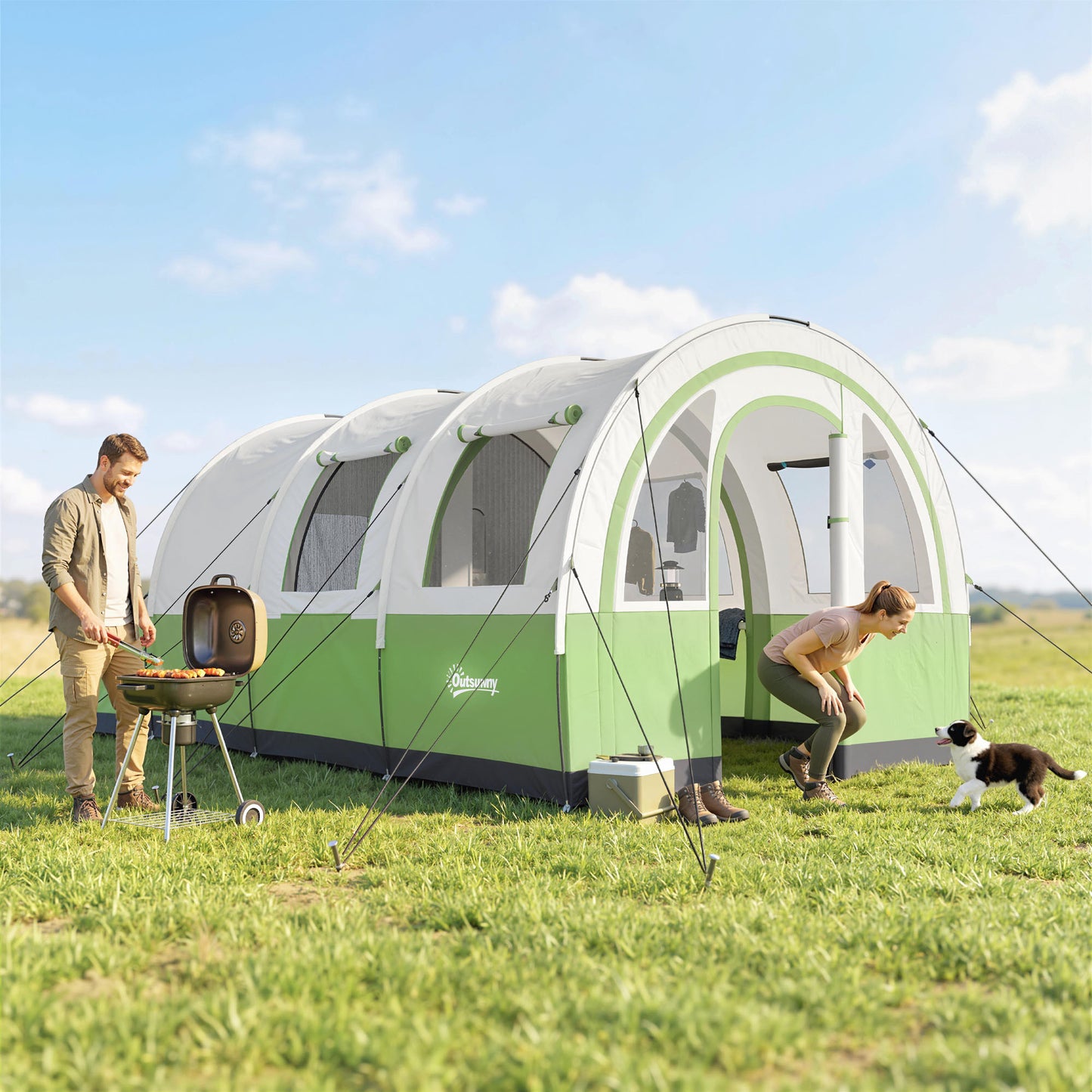 Three Man Duo Room Tunnel Tent, with Accessories - Cream/Green