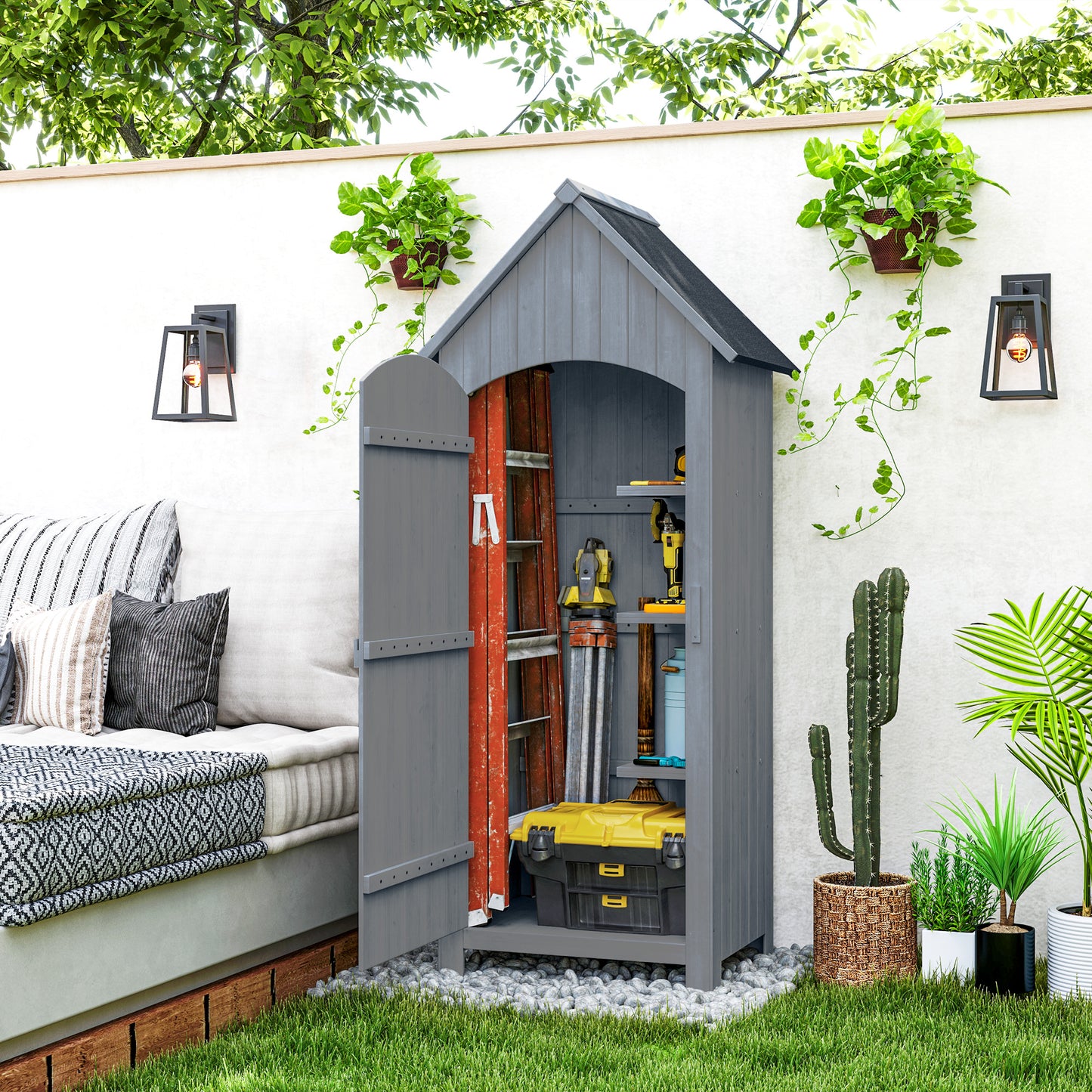 Wooden Garden Storage Shed with 3 Shelves, Outdoor Tool Storage Cabinet with Tilt Roof and Lockable Door
