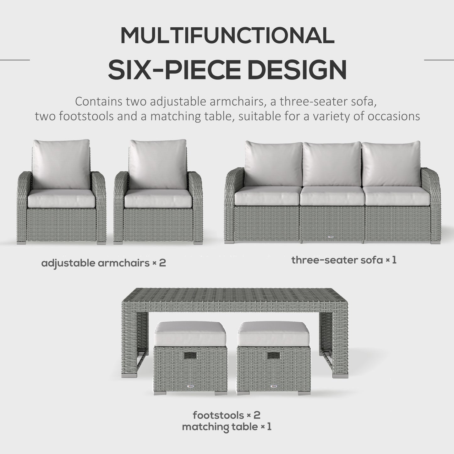 Six-piece Outdoor Rattan Dining Set, Outdoor Sofa Set with Reclining Armchairs and Mental Frame, Grey