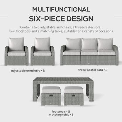 Six-piece Outdoor Rattan Dining Set, Outdoor Sofa Set with Reclining Armchairs and Mental Frame, Grey