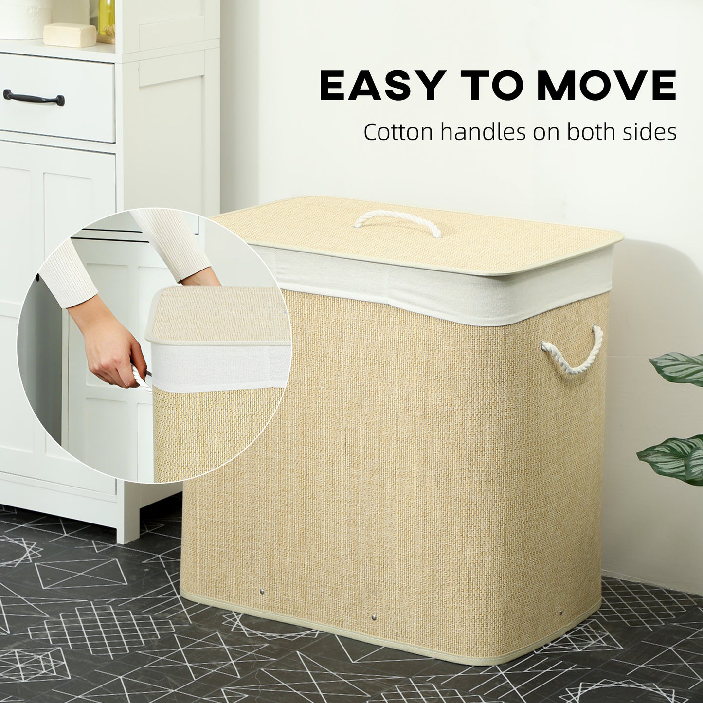 3 Section Laundry Basket with Lid, 144L Bamboo Laundry Hamper with Handles, Removable and Washable Liner, Cream White