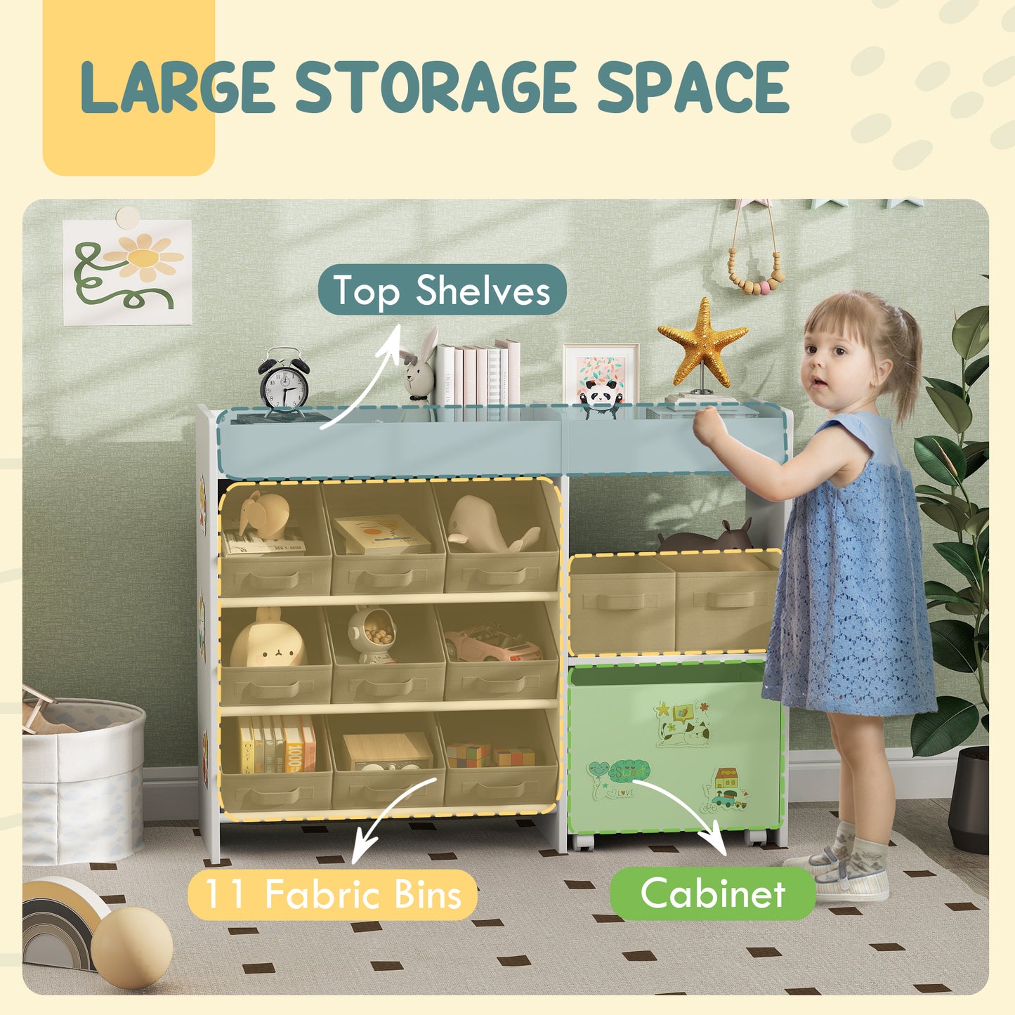 Kids Toy Storage Unit with 11 Bins, Cabinet, Top Shelves, 3 Stickers, for Nursery, Playroom, White