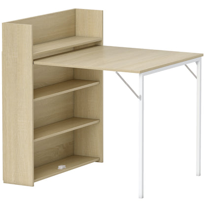 Kitchen Table, Folding Dining Table, with 4-Tier Shelves, Modern Drop-Leaf Table, Oak Wood Effect