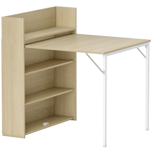 Kitchen Table, Folding Dining Table, with 4-Tier Shelves, Modern Drop-Leaf Table, Oak Wood Effect