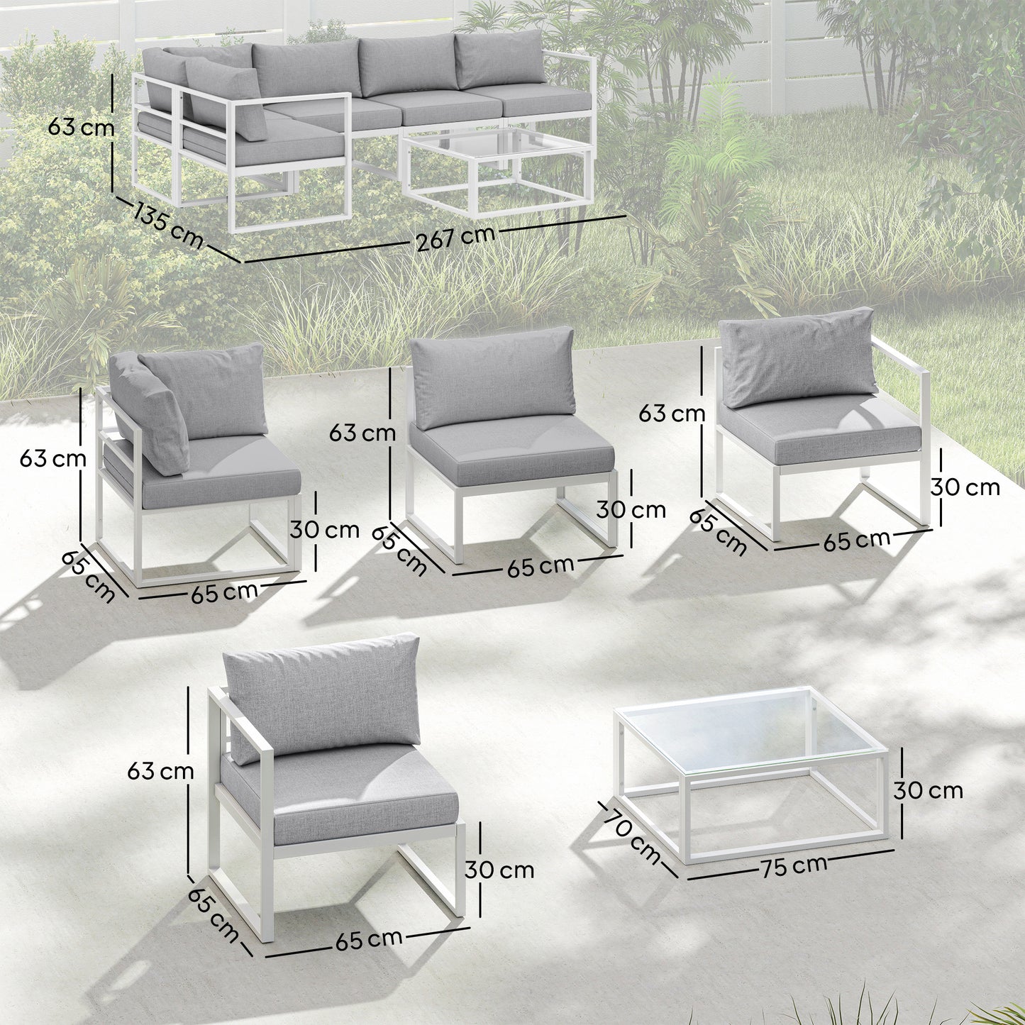 5 Seater Aluminium Garden Furniture Set, Garden Sofa Set with Thick Cushions for Patio and Balcony, Outdoor, Light Grey