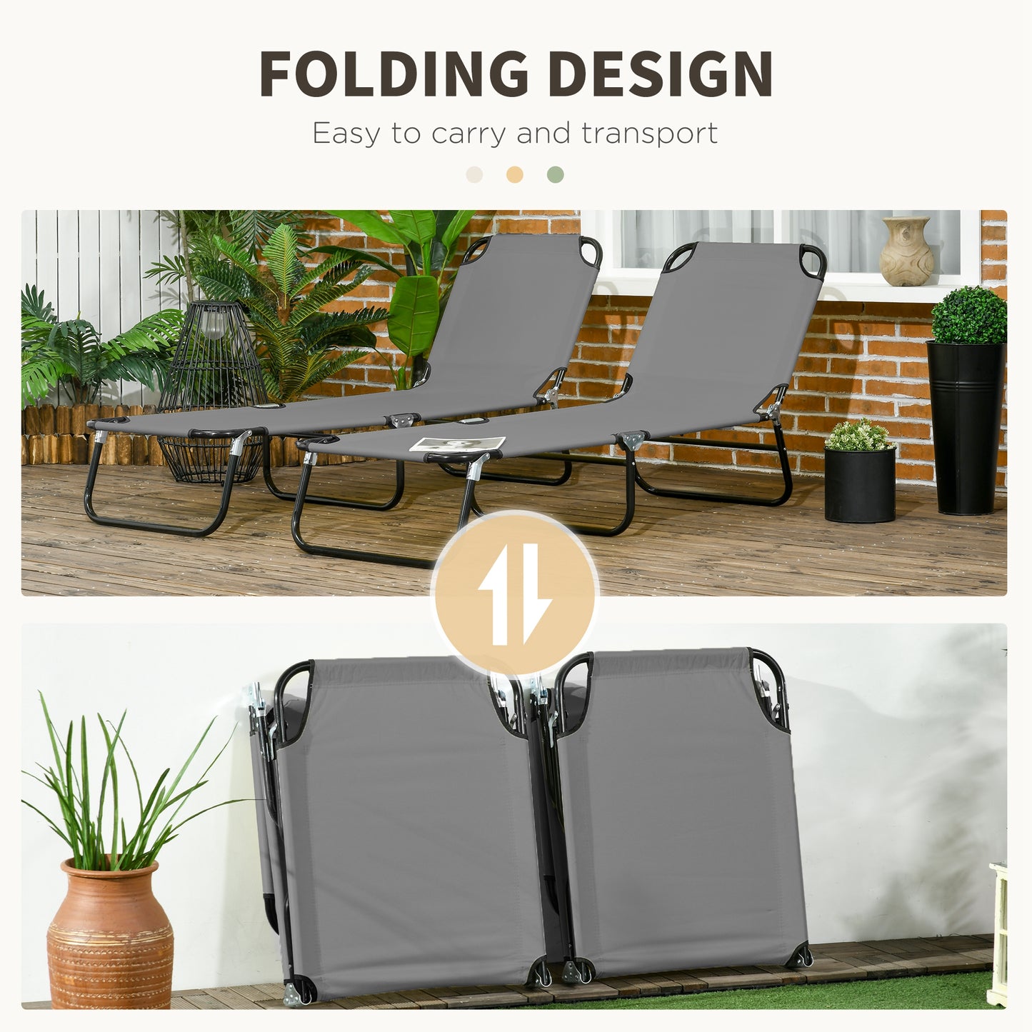 Folding Sun Loungers Set of 2, Outdoor Day Bed with 5-Position Adjustable Backrest, Portable Recliner Garden Chairs