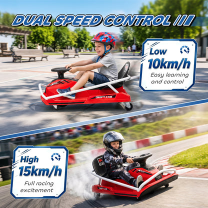 24V Electric Go Kart for Kids with Drift Mode, 300W Brushless Motor, Soft Start and Dual Speed for Ages 6-10, Red