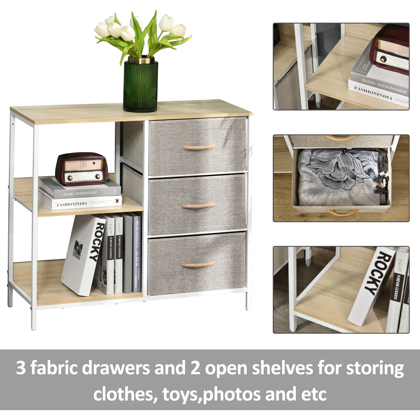 Chest of Drawers Storage Dresser Cabinet Organizer with 3 Fabric Drawers and 2 Display Shelves for Living Room, Bedroom