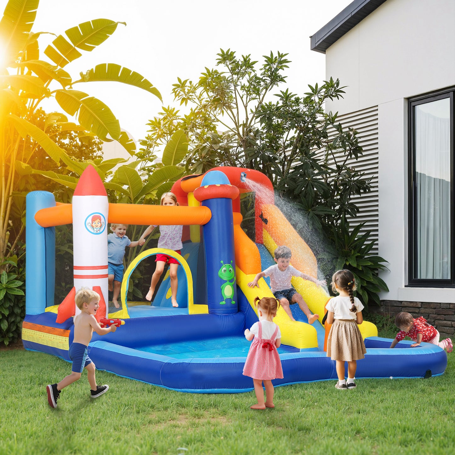 5 in 1 Bouncy Castle for Children with 550W Blower, Water Slide, Splash Pool, Jumping Area, Climbing Wall, Cannon