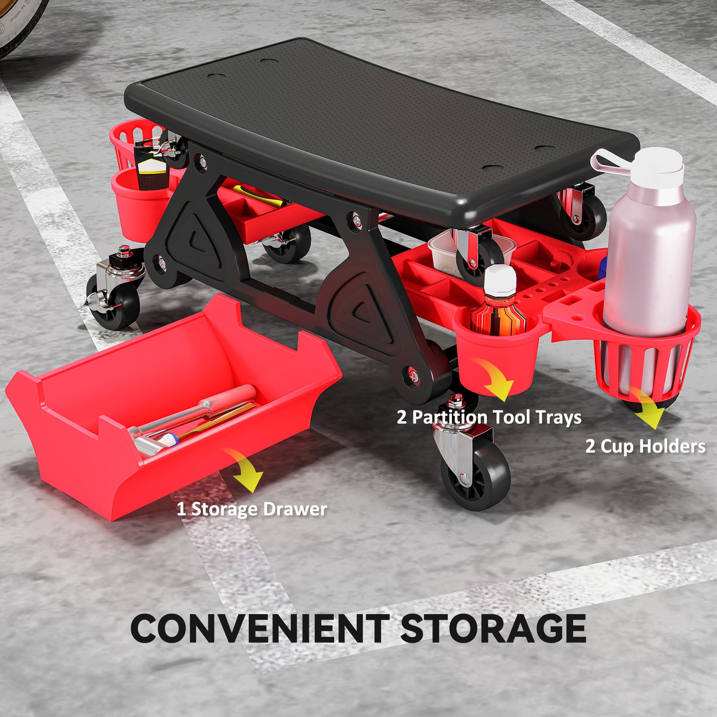 Rolling Mechanic Stool, 135kg Capacity Workshop Stool with 360° Swivel Wheels, Roller Creeper Seat with Slide Out Tool Trays