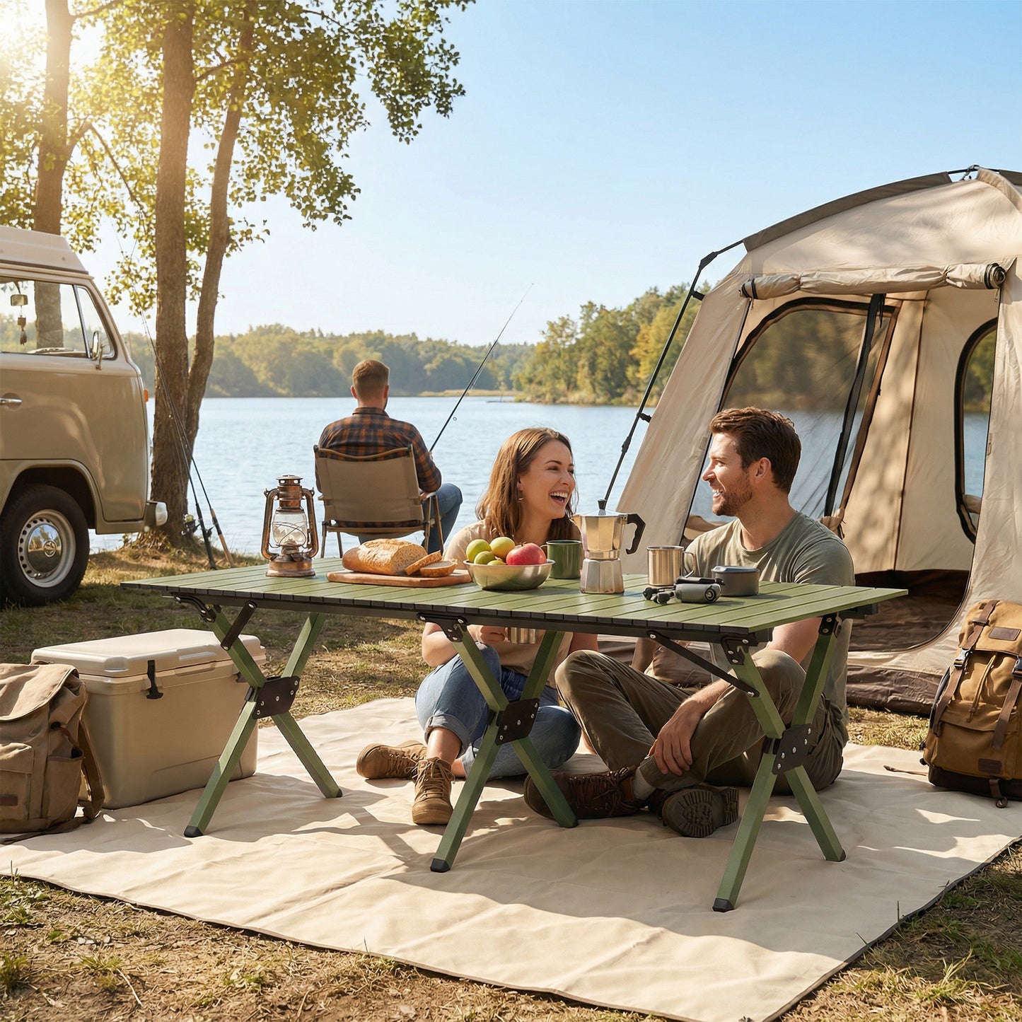 4ft Folding Camping Table, Waterproof Picnic Table with Roll Up Top, Carrying Bag and Metal Frame, Green