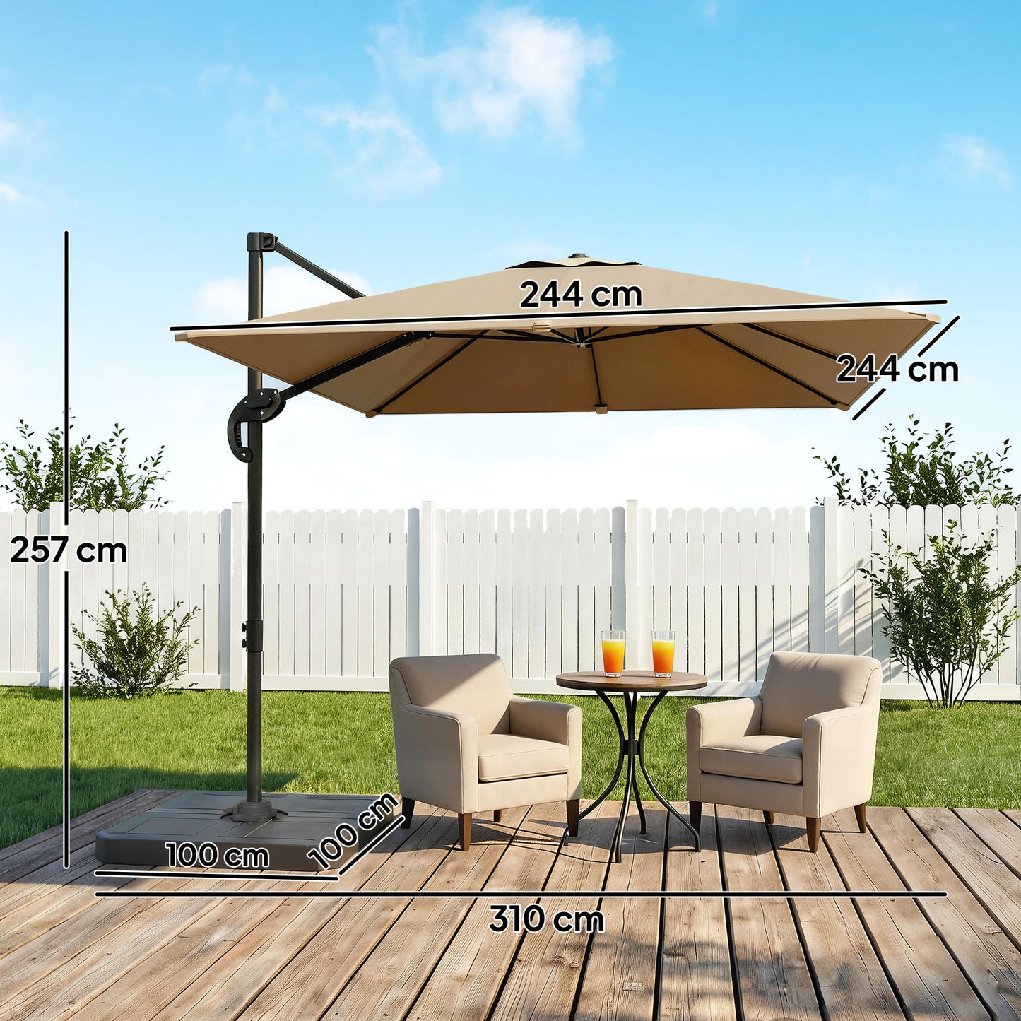2.4 x 2.4 m Cantilever Parasol with Umbrella Weights, UPF50+ Offset Outdoor Umbrella w/ Easy Tilt Adjustment, Khaki