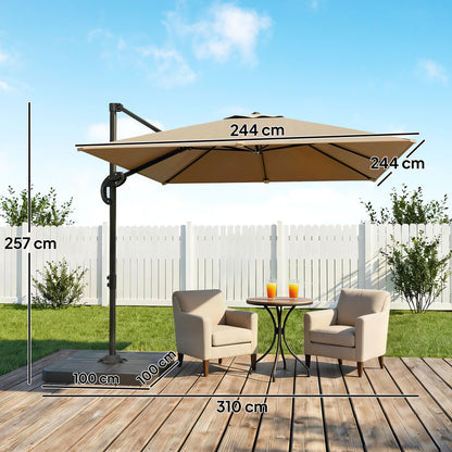 2.4 x 2.4 m Cantilever Parasol with Umbrella Weights, UPF50+ Offset Outdoor Umbrella w/ Easy Tilt Adjustment, Khaki