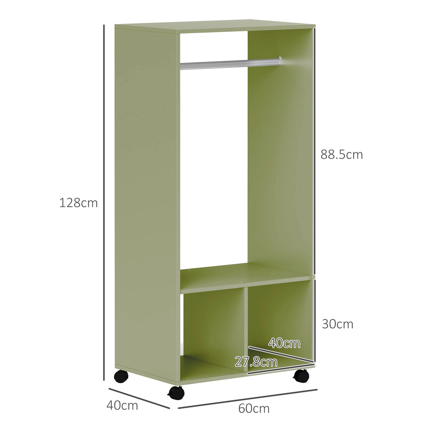 Open Wardrobe on Wheels, Bedroom Wardrobe with Clothes Hanging Rail, 2 Storage Shelves, Mobile Garment Rack for Cloakroom
