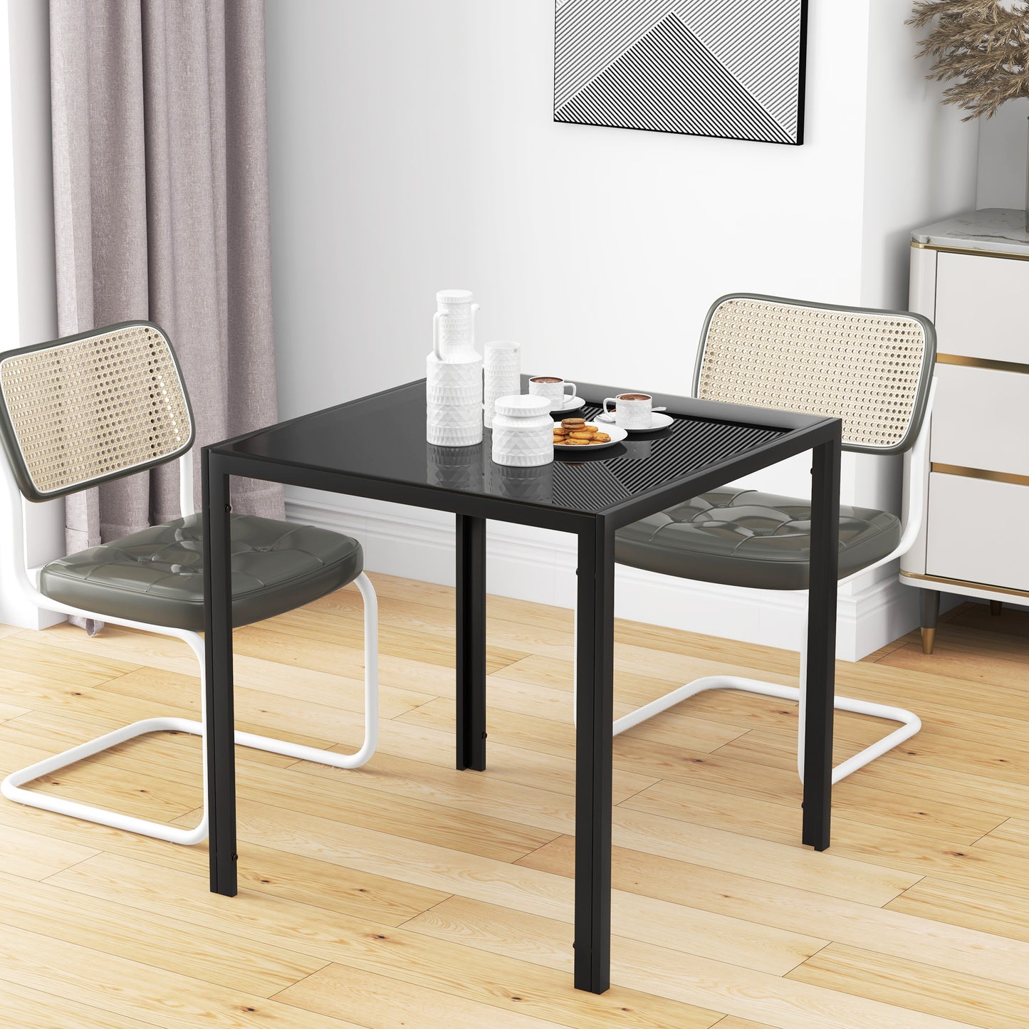 Modern Square Dining Table for 2-4 People, with Glass Top & Metal Legs, Black