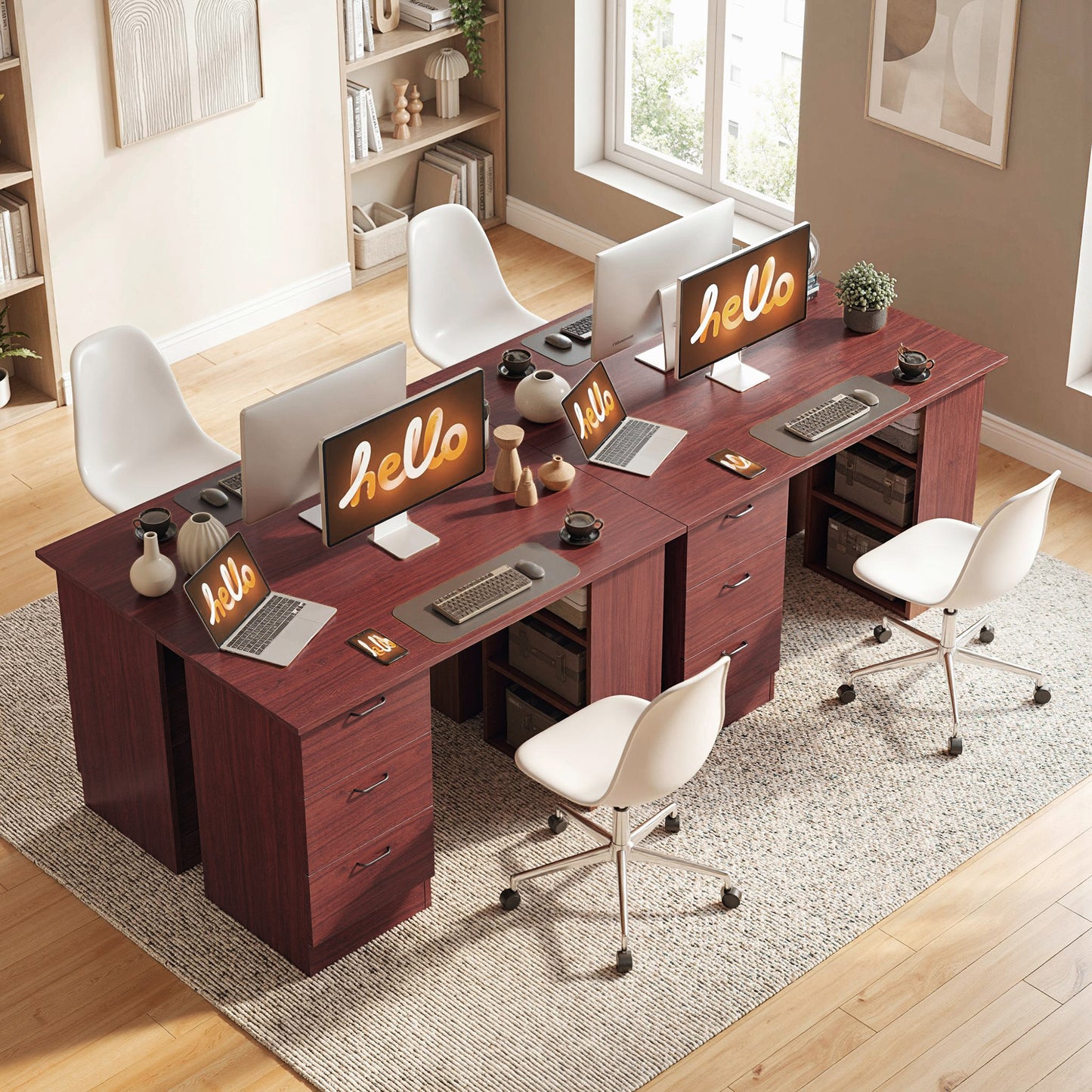 Computer Desk, Writing Table, PC Workstation with 3 Storage Shelves and Drawers, Handle, for Home Office, Walnut Brown