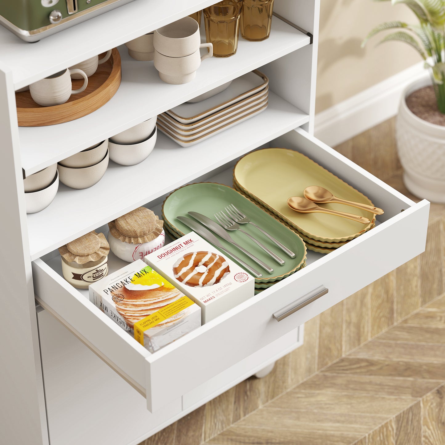 Kitchen Trolley with Wheels, Modern Mobile Microwave Stand with Slide-Out Shelf, Drawer and 2 Doors for Dining Room