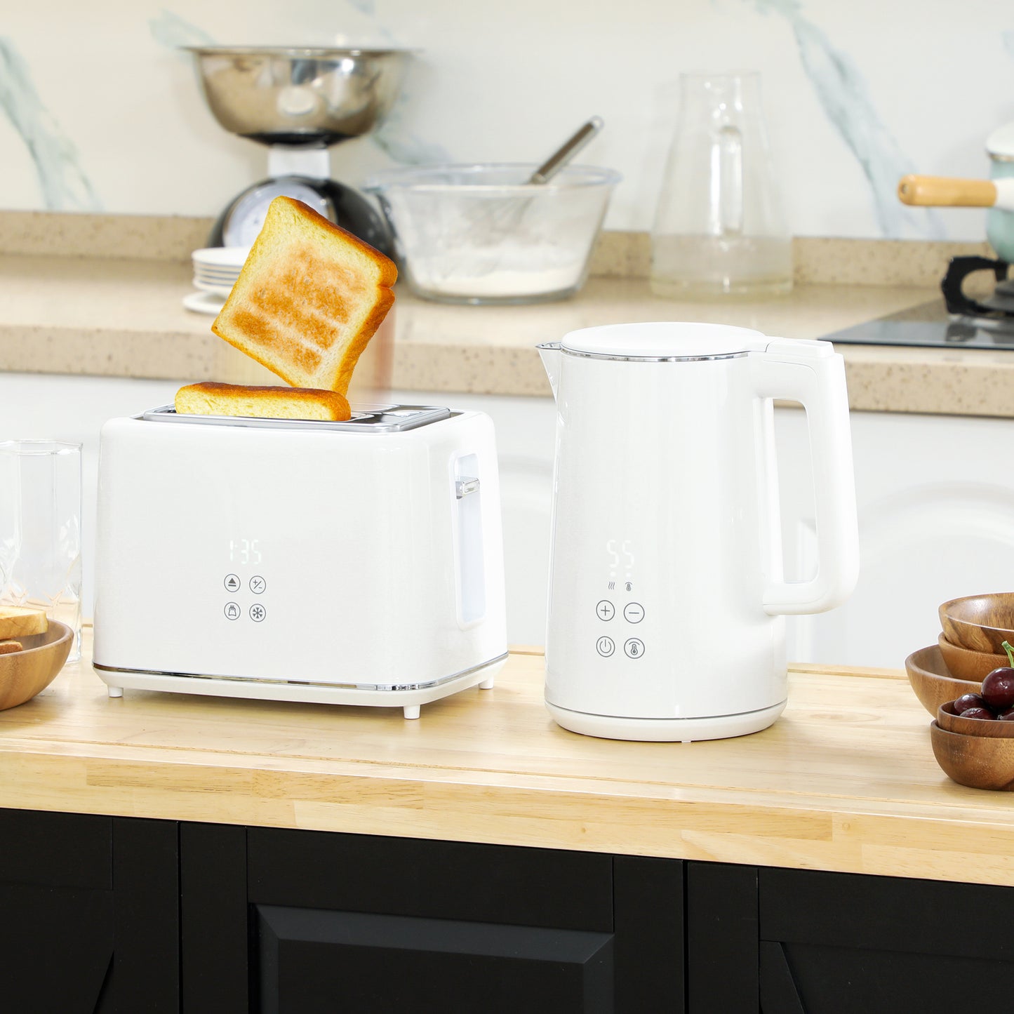 Polished Stainless Steel Kettle and Toaster Set - White