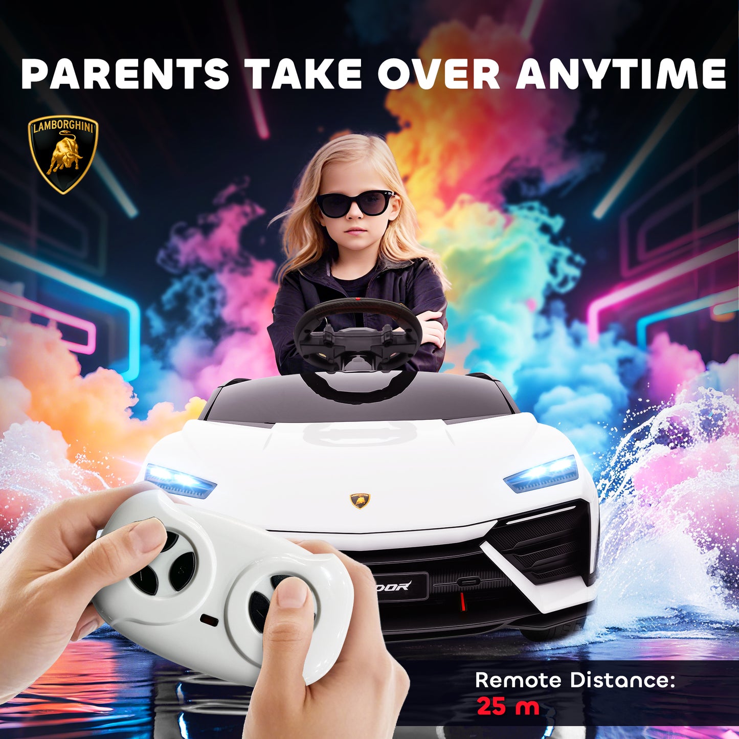 12V Licensed Lamborghini Electric Cars for Kids, Ride On Car with Remote Control for 3-6 Years Old, White