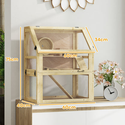 Wooden Hamster Cage with Detachable 32cm Deep Bottom, Hut, Seesaw, Exercise Wheel, Ramp, 60 x 40 x 75cm, Natural
