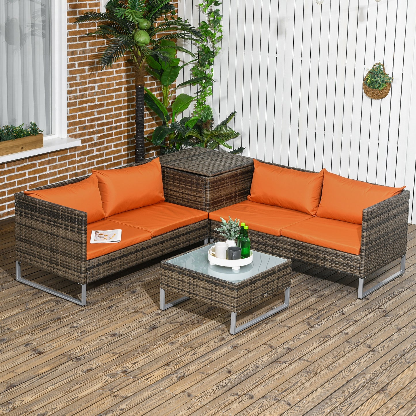 4 Piece Rattan Garden Furniture Set, Outdoor Corner Sofa Set with Storage Table, Loveseats, Cushions - Orange
