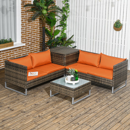 4 Piece Rattan Garden Furniture Set, Outdoor Corner Sofa Set with Storage Table, Loveseats, Cushions - Orange