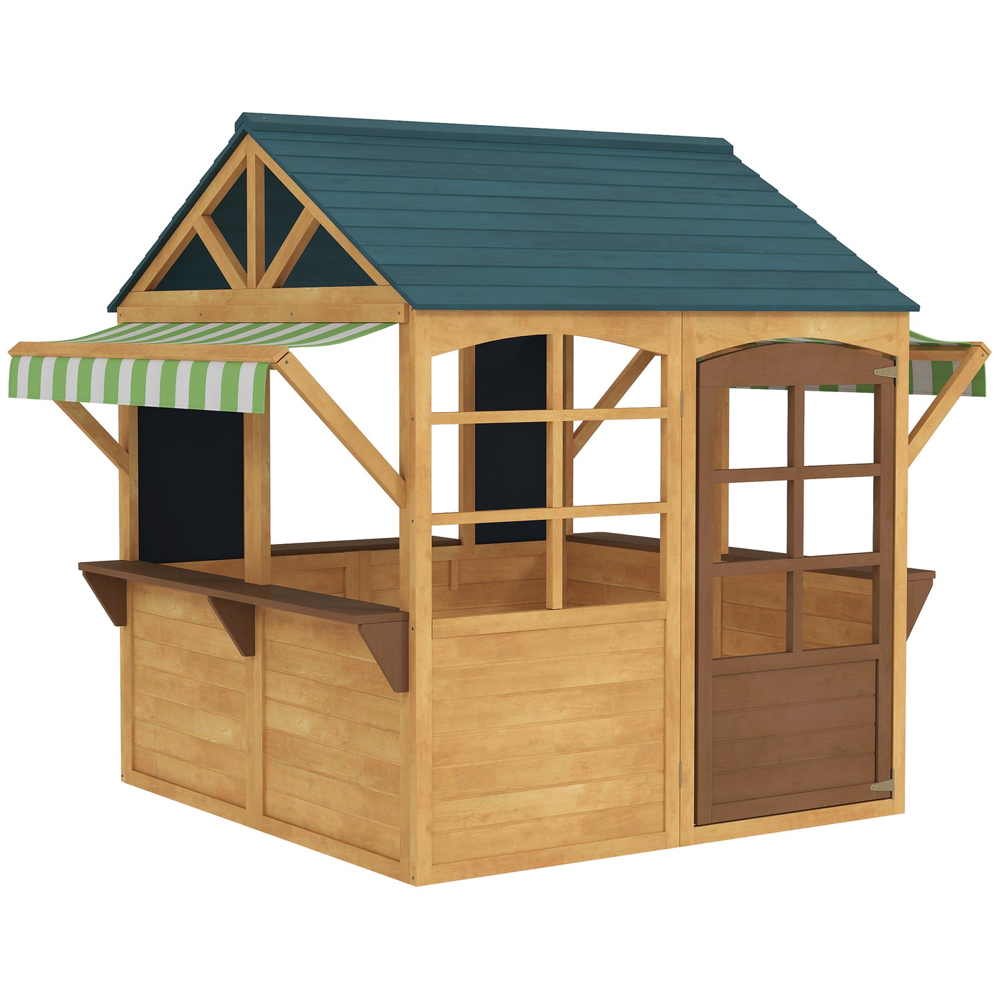 Wooden Playhouse for Kids, Foldable Wendy House with Windows, Working Door, Service Stations, Rain Covers, Brown