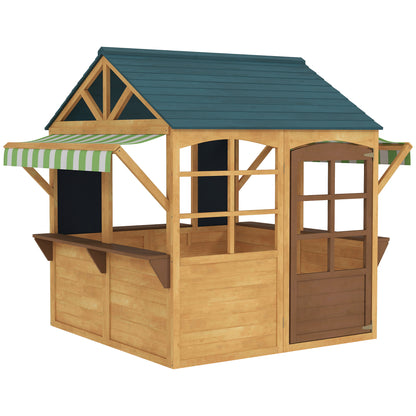Wooden Playhouse for Kids, Foldable Wendy House with Windows, Working Door, Service Stations, Rain Covers, Brown