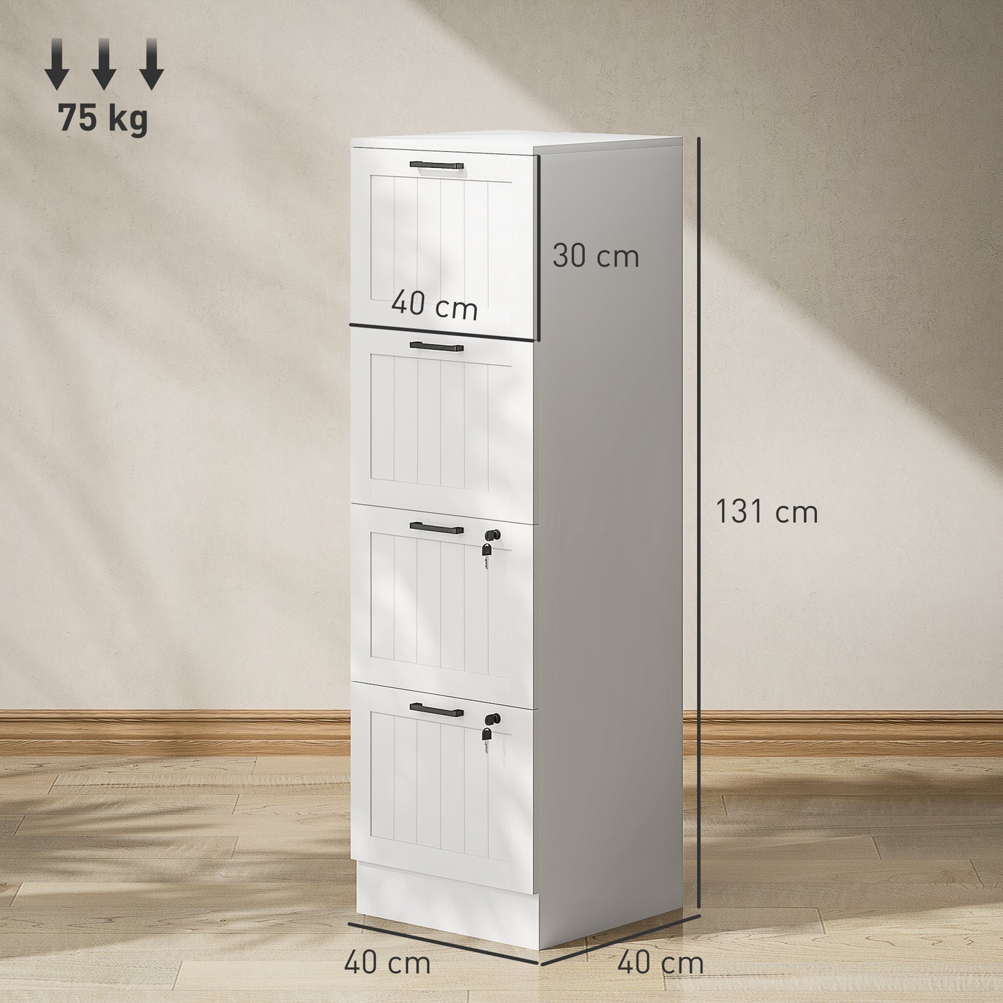 4 Drawer Filing Cabinet with Lock, Office Storage Cabinet with Adjustable Hanging Bars for A4 Letter Size Files, White