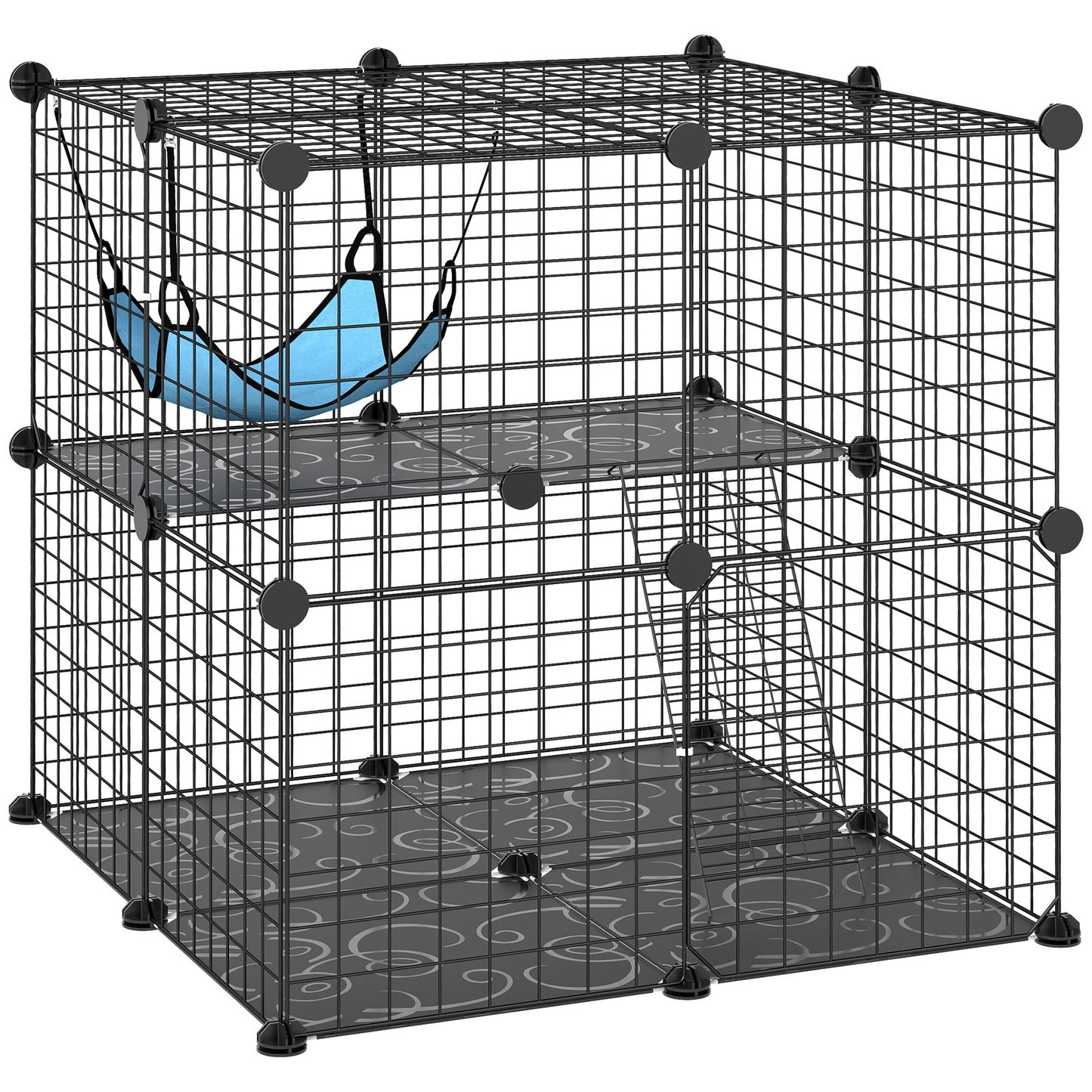 Indoor Cat Cage DIY Customizable 2-Tier Indoor Cat Enclosure with 2 Doors and Hammock 70 cm Black