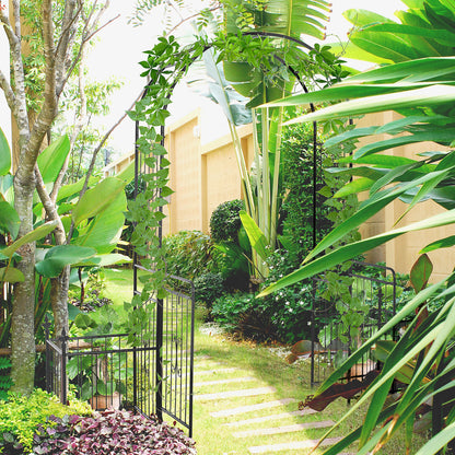 Metal Garden Arbor Arch with Double Doors, 2 Side Planter Baskets, Climbing Vine Frame, Black