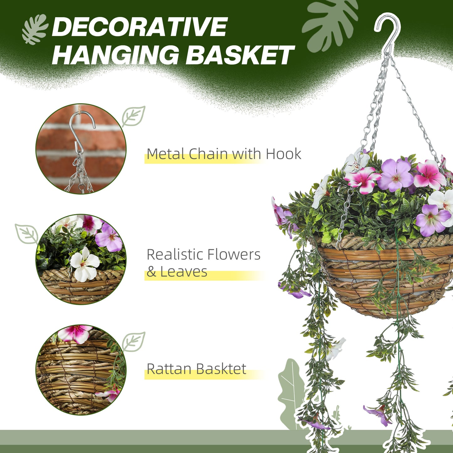 Set of 2 Artificial Silk Azalea Flowers, Hanging Planters with Basket, Faux Plants for Home Indoor Outdoor Decor