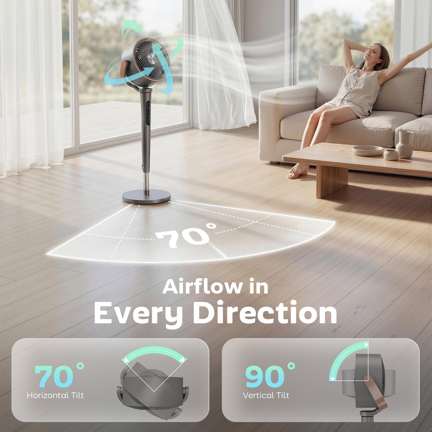 20dB Silent Standing Fan, 70°+90° Auto Oscillating Fan with 12 Speeds, LED Light, Air Circulator, Remote Control, 12H Timer