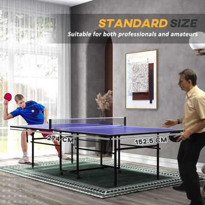 9FT Folding Table Tennis Table with Four Wheels, for Indoor Use, Blue