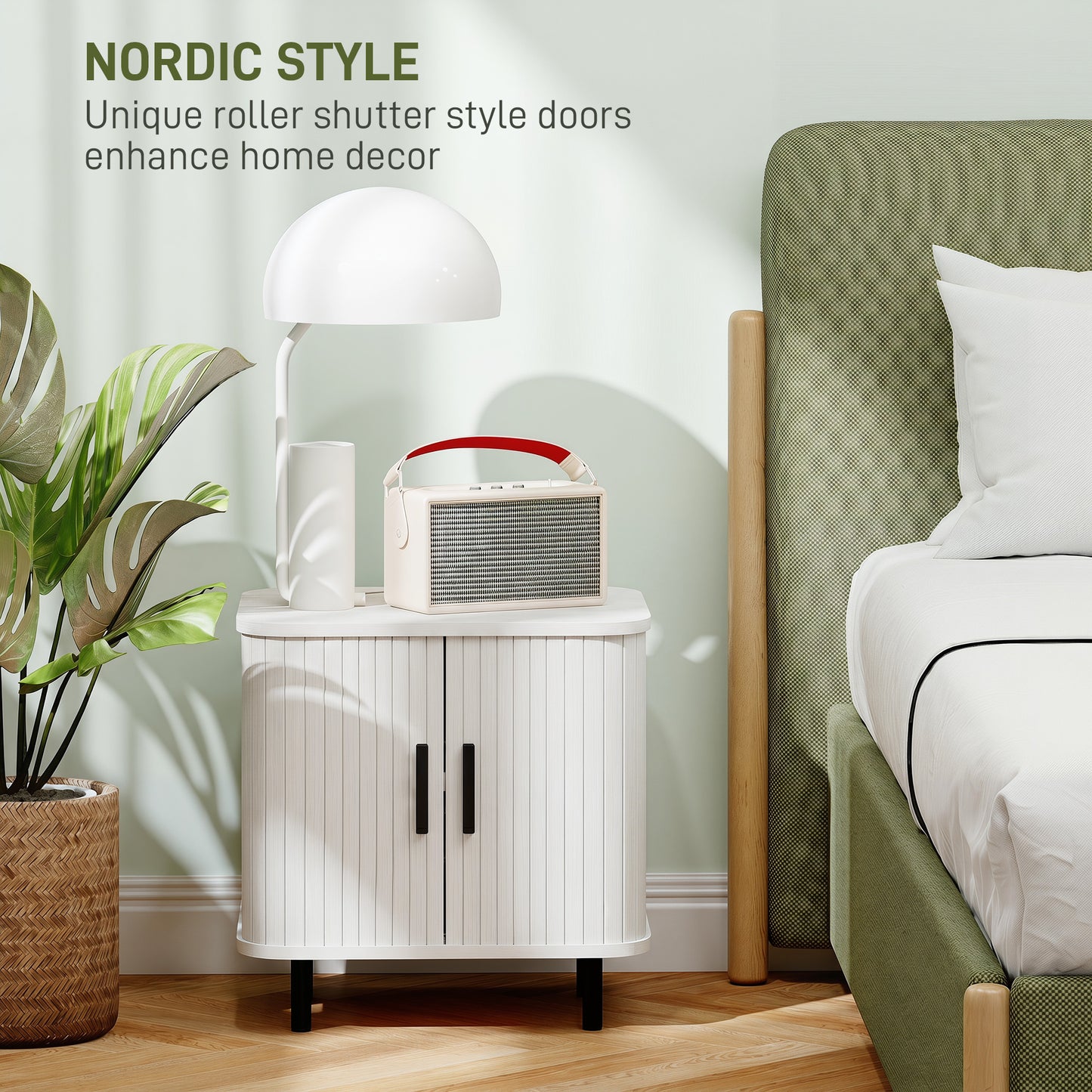 Nightstand with Sliding Doors and Metal Legs White Wood Effect