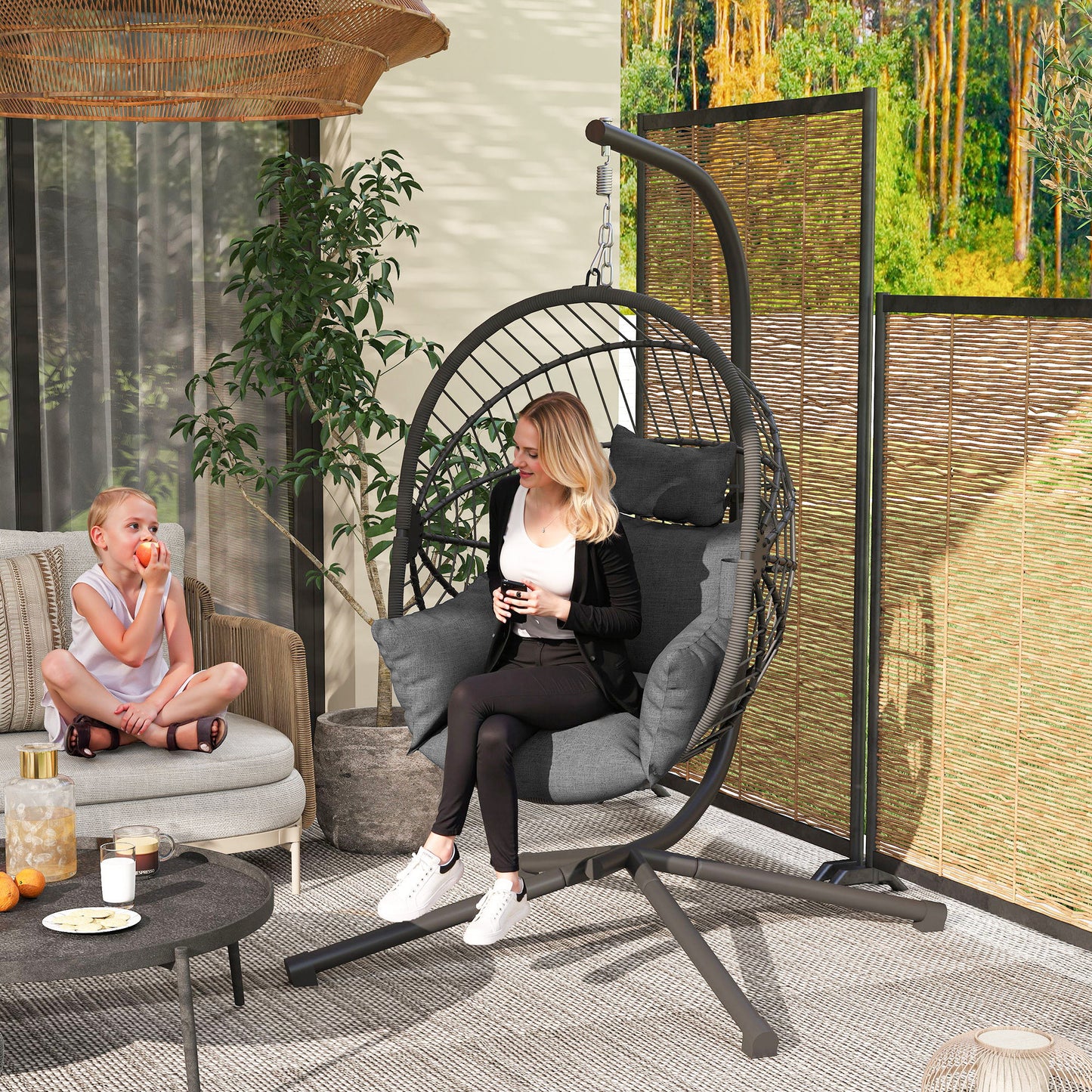 Metal Stand Hanging Egg Chair, with Full Body Padded Seat - Grey