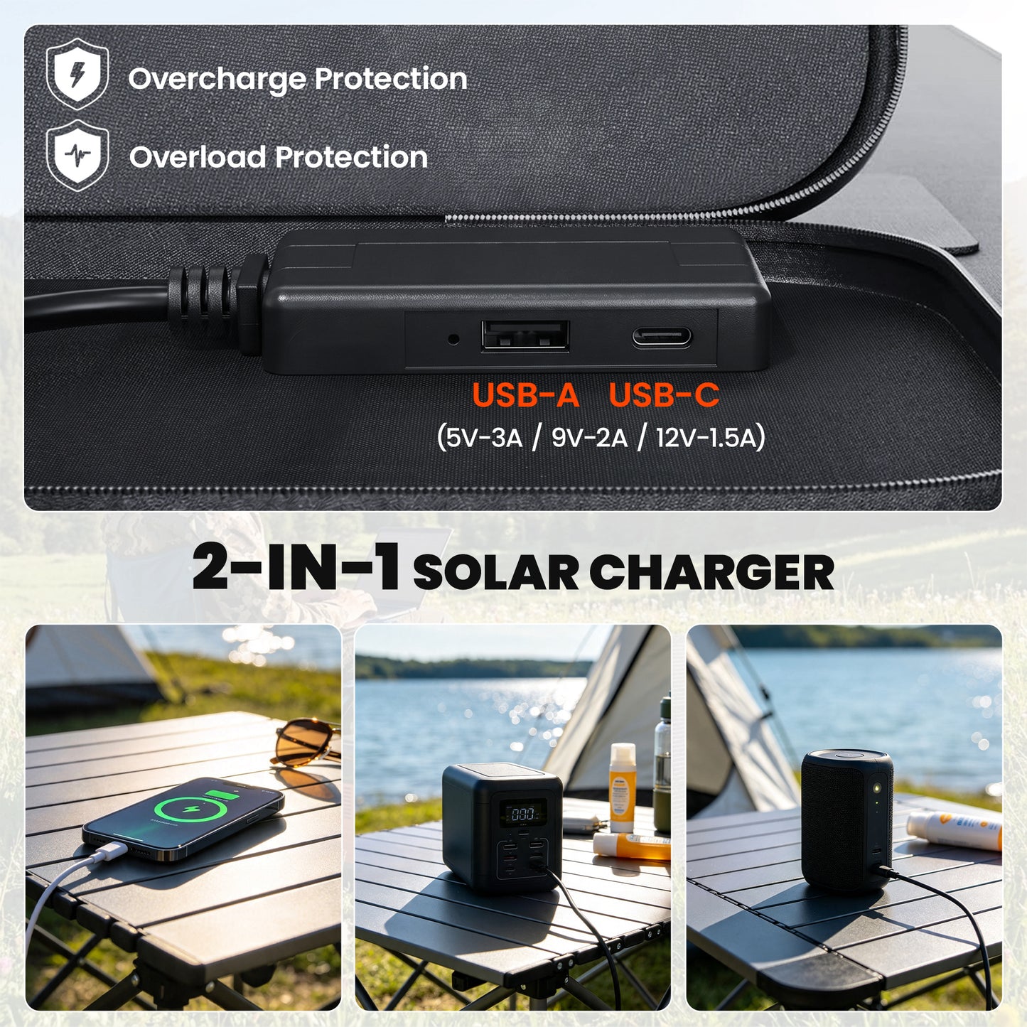 100W Portable Solar Panel, Foldable Solar Charger with USB-A & USB-C Fast Charging Output