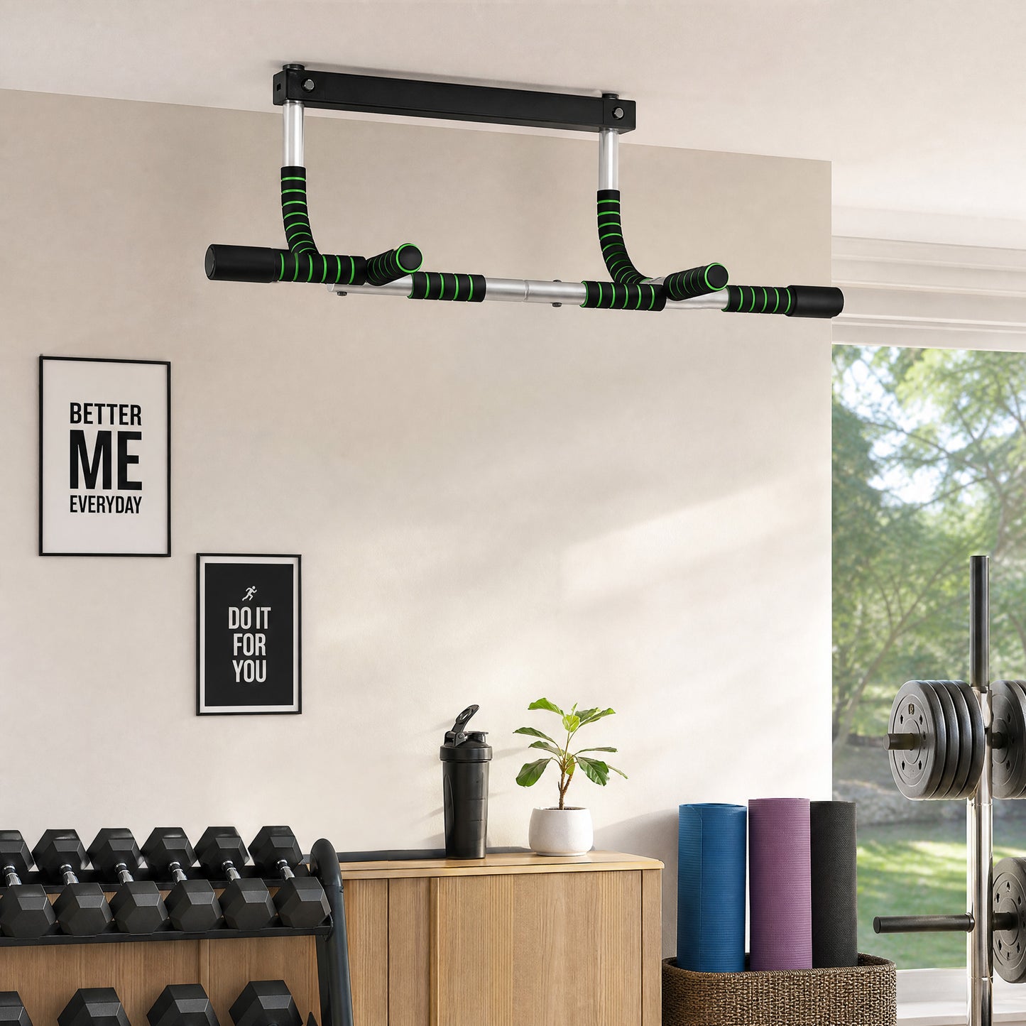 Doorway Pull up Bar, Door Frame Chin up Push up Bar for Home Gym Upper Body Workout, No Drilling or Screws, Green
