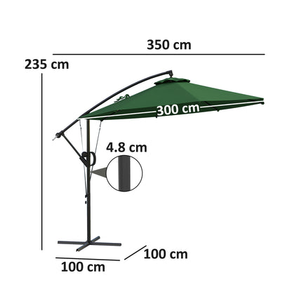 3(m) Garden Cantilever Parasol with Cover and Wind Protection Strap, Round Overhanging Umbrella with Crank Handle and Tilt
