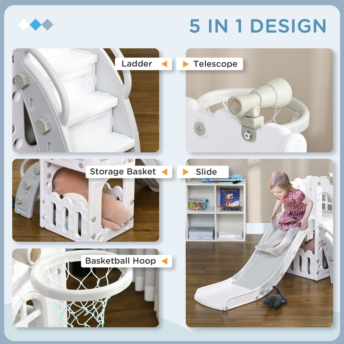 5 in 1 Toddler Slide with Basketball Hoop, Climber, Telescope, Storage Basket, for Ages 1-3 Years, Grey