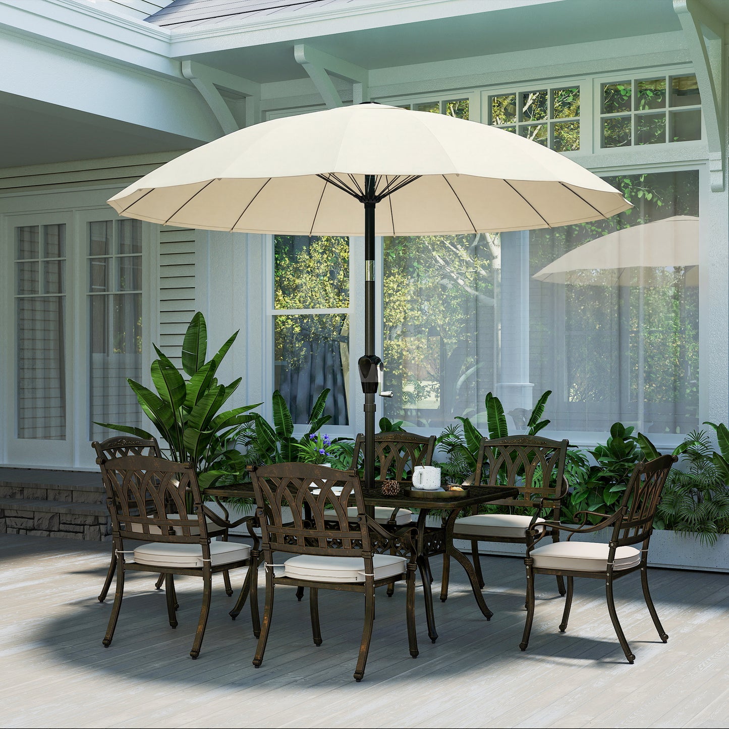 2 m Shanghai Garden Parasol Umbrella with 16 Fibreglass Ribs, Outdoor Parasol Sun Shade with Crank & Tilt, Cream White