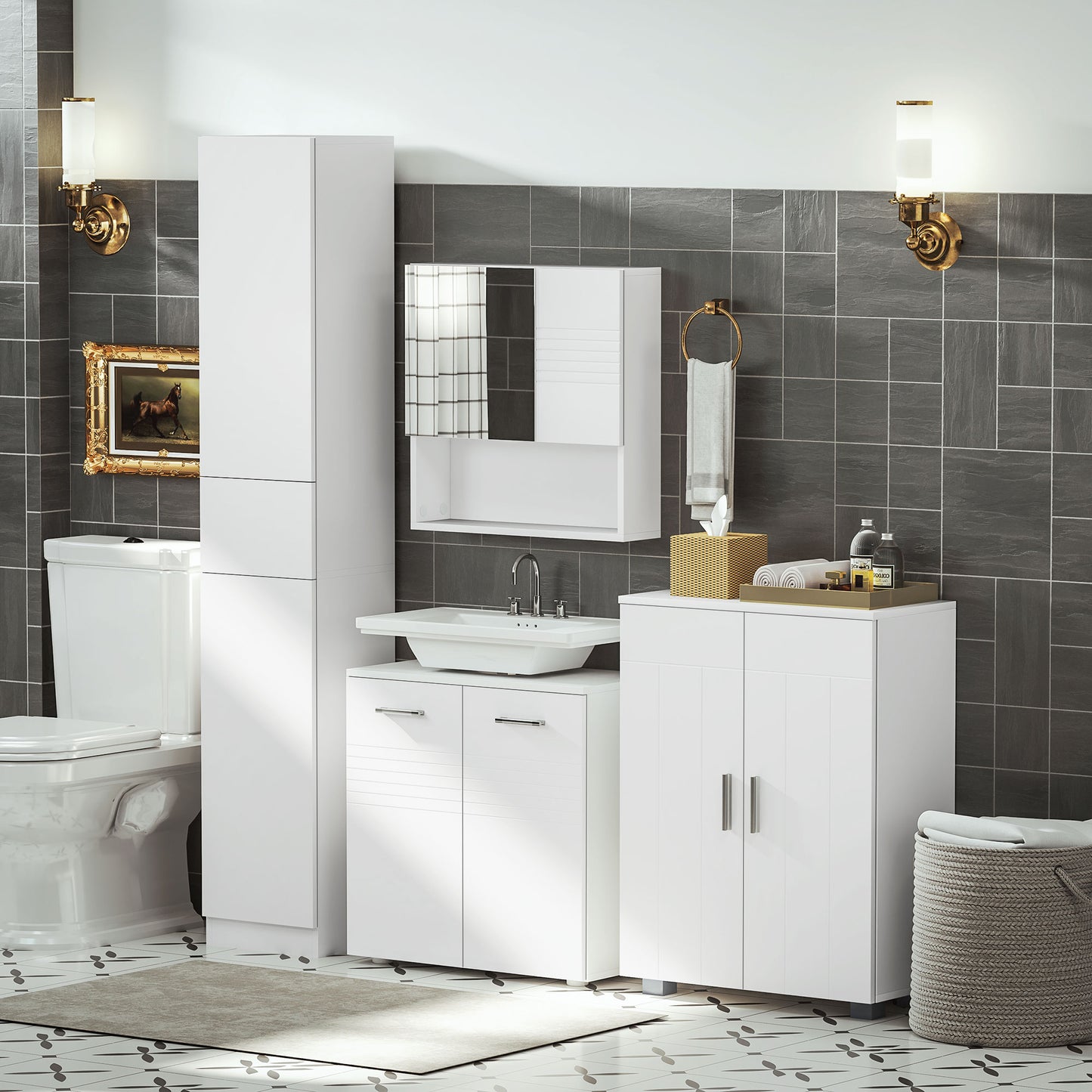 Tall Bathroom Storage Cabinet with Three-position Adjustable Shelves For Neutral Style, Hallway White